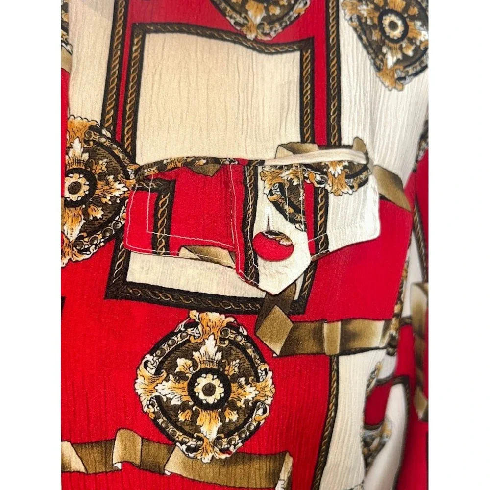 Christie & Jill Petite Vintage Red Baroque Chain Medallion Button Down Blouse M